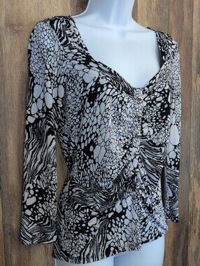 Cache Black & White Abstract Print Button-Front Top Blouse S         717A